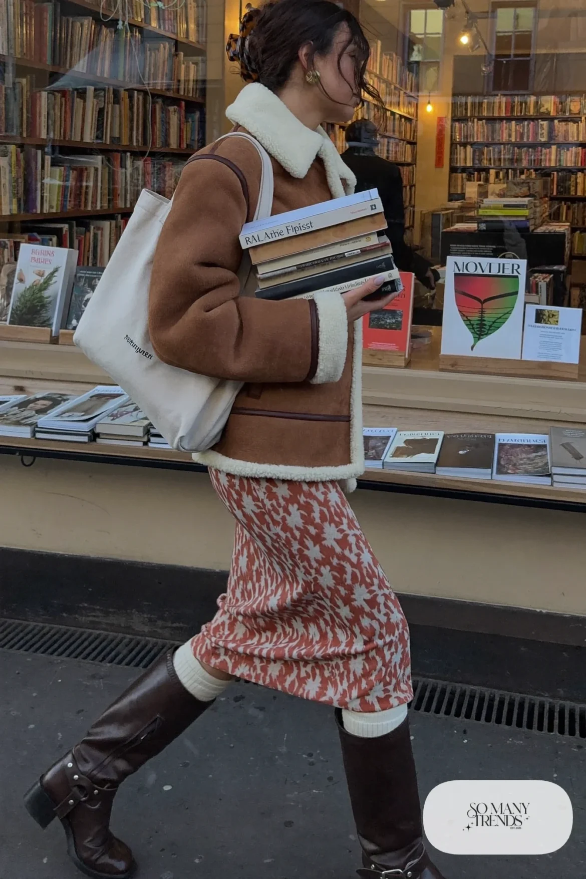 rust printed midi dress tan shearling jacket cream socks brown knee-high boots tote outfit 14