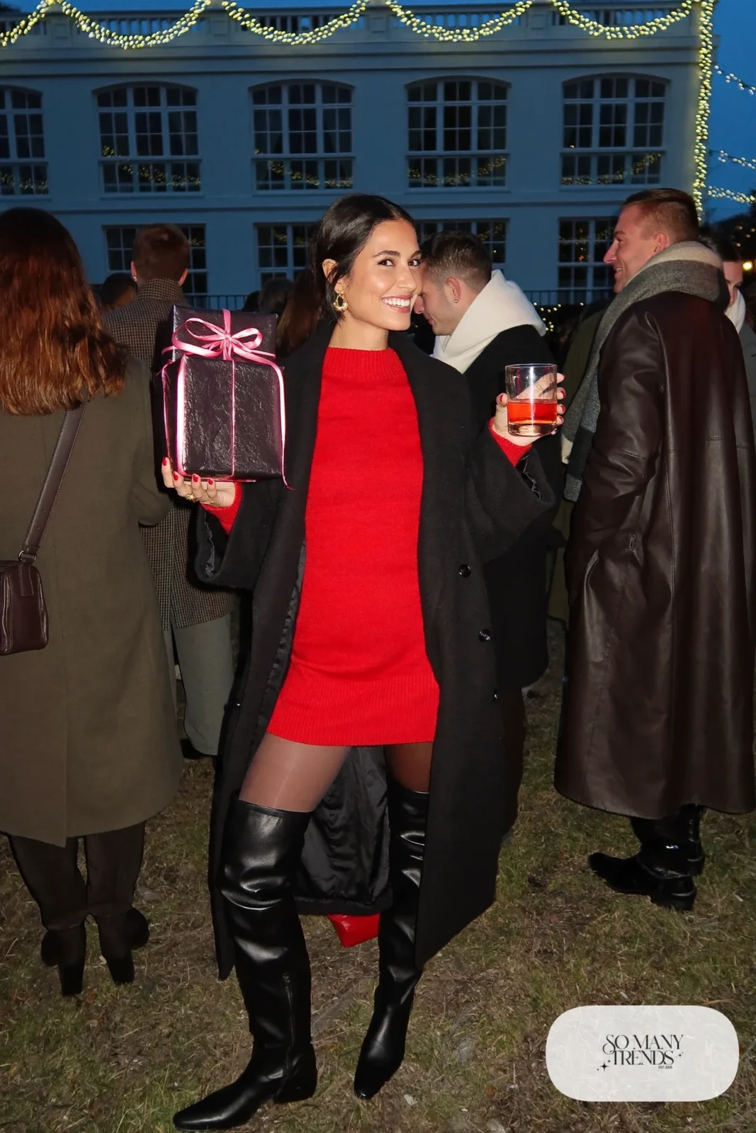 cherry red knit dress black over-the-knee boots sheer tights black coat gold earrings outfit 22