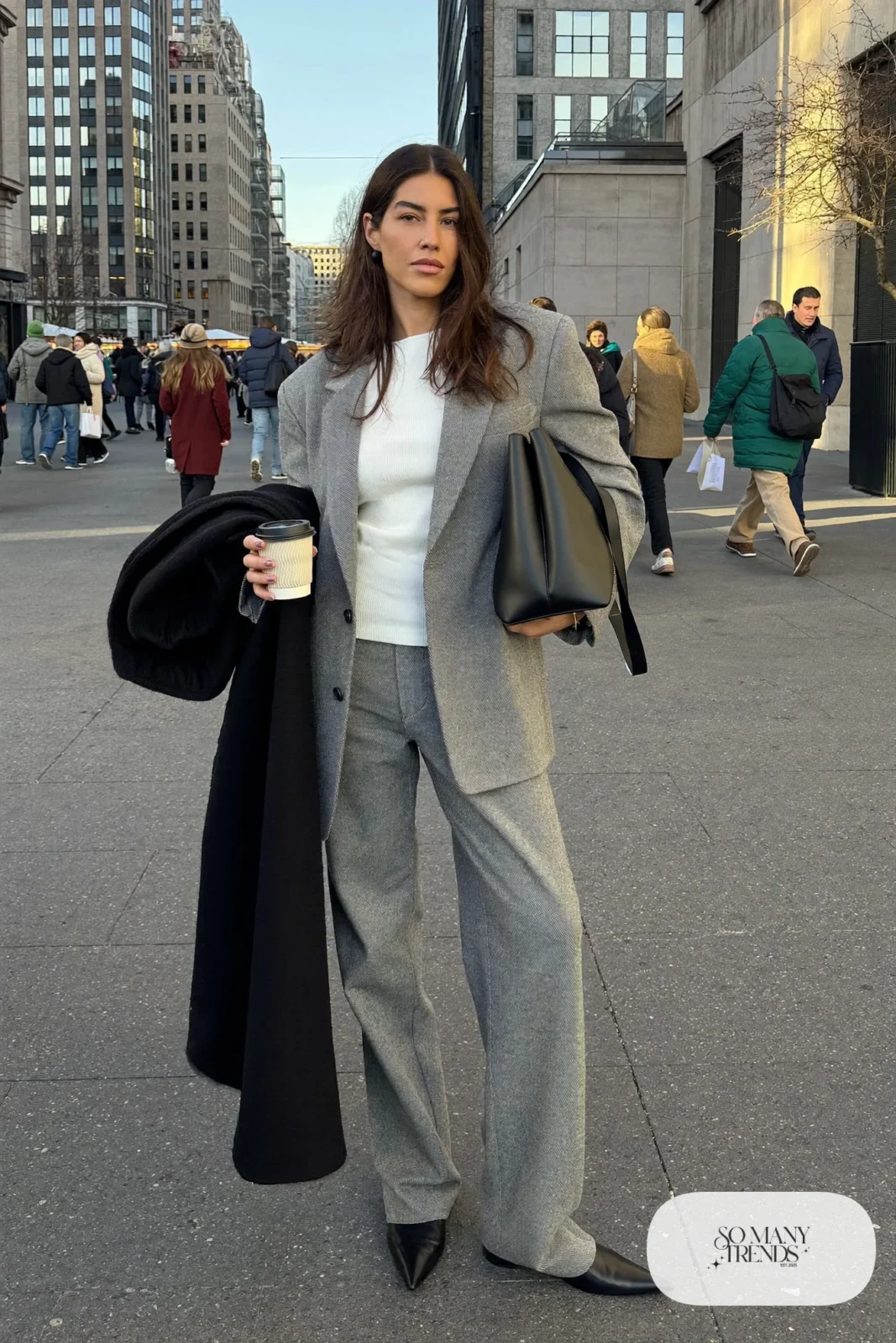 gray flannel blazer straight pants white knit top pointed black ankle boots tote outfit 24