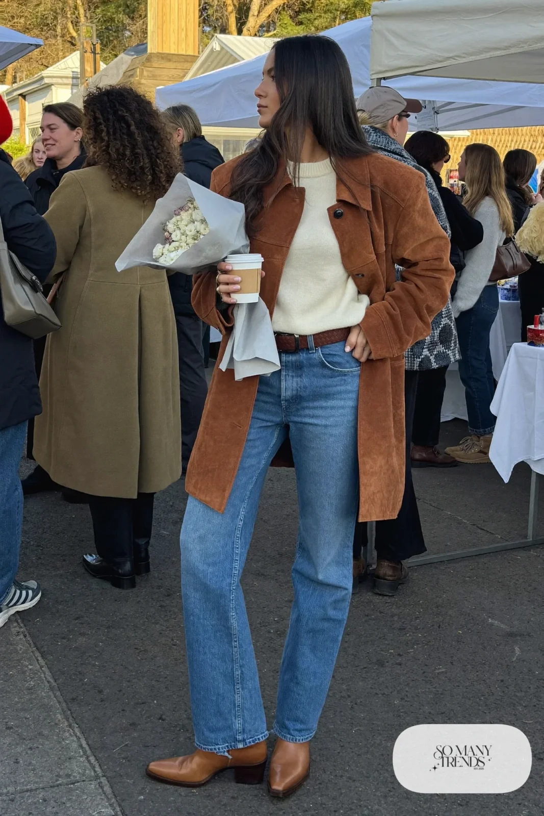 straight jeans tan western ankle boots cream cashmere sweater rust suede jacket belt outfit 30