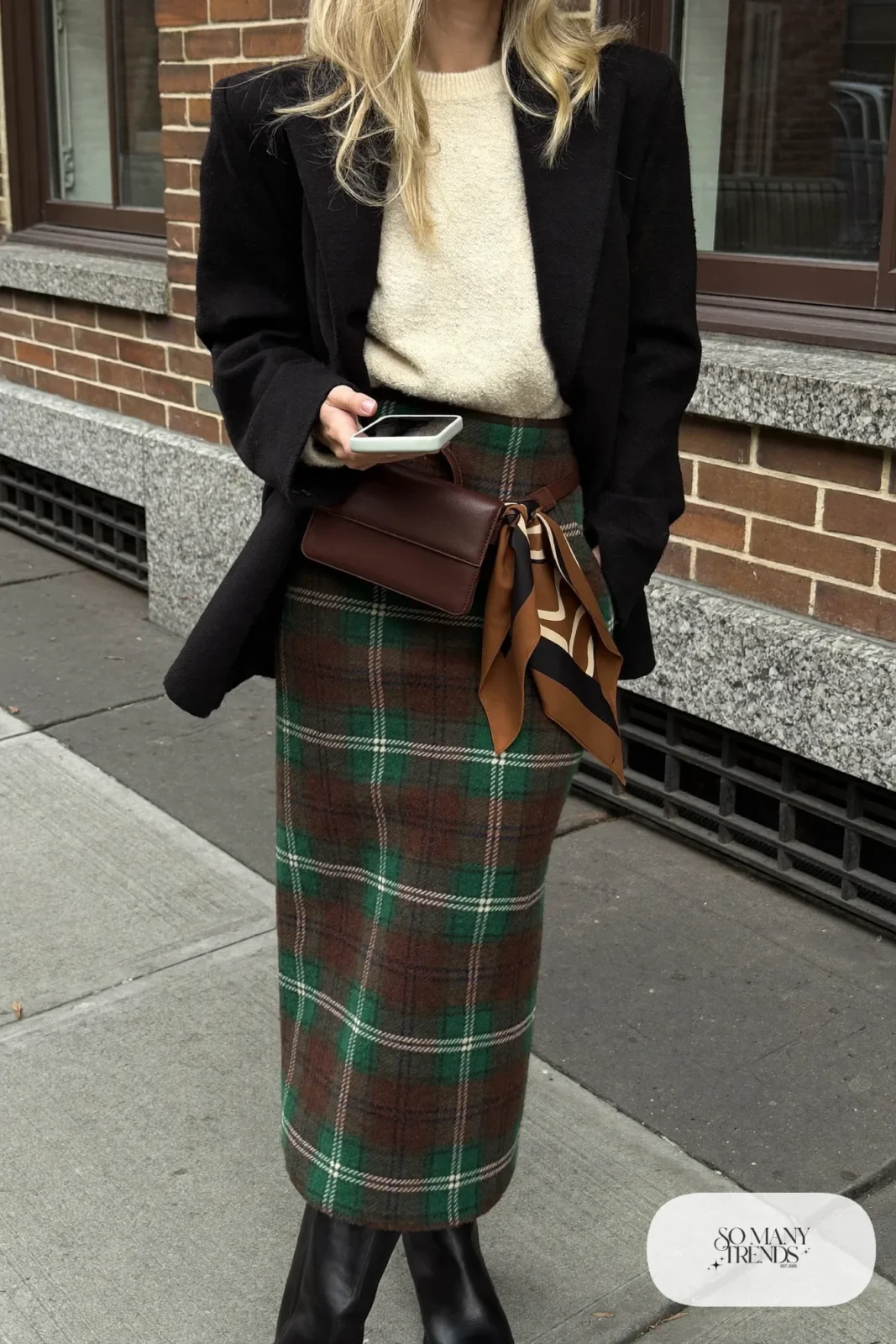 brown green plaid maxi skirt oversized black blazer cream sweater knee high boots outfit 6