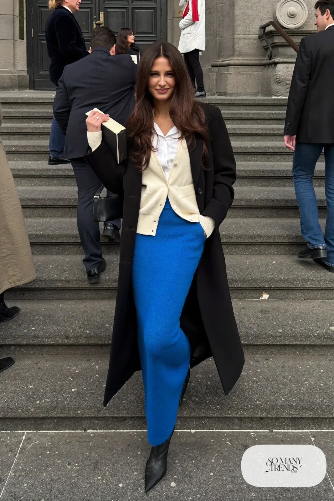 cobalt blue knit maxi skirt cream cardigan white blouse black ankle boots wool coat outfit 7