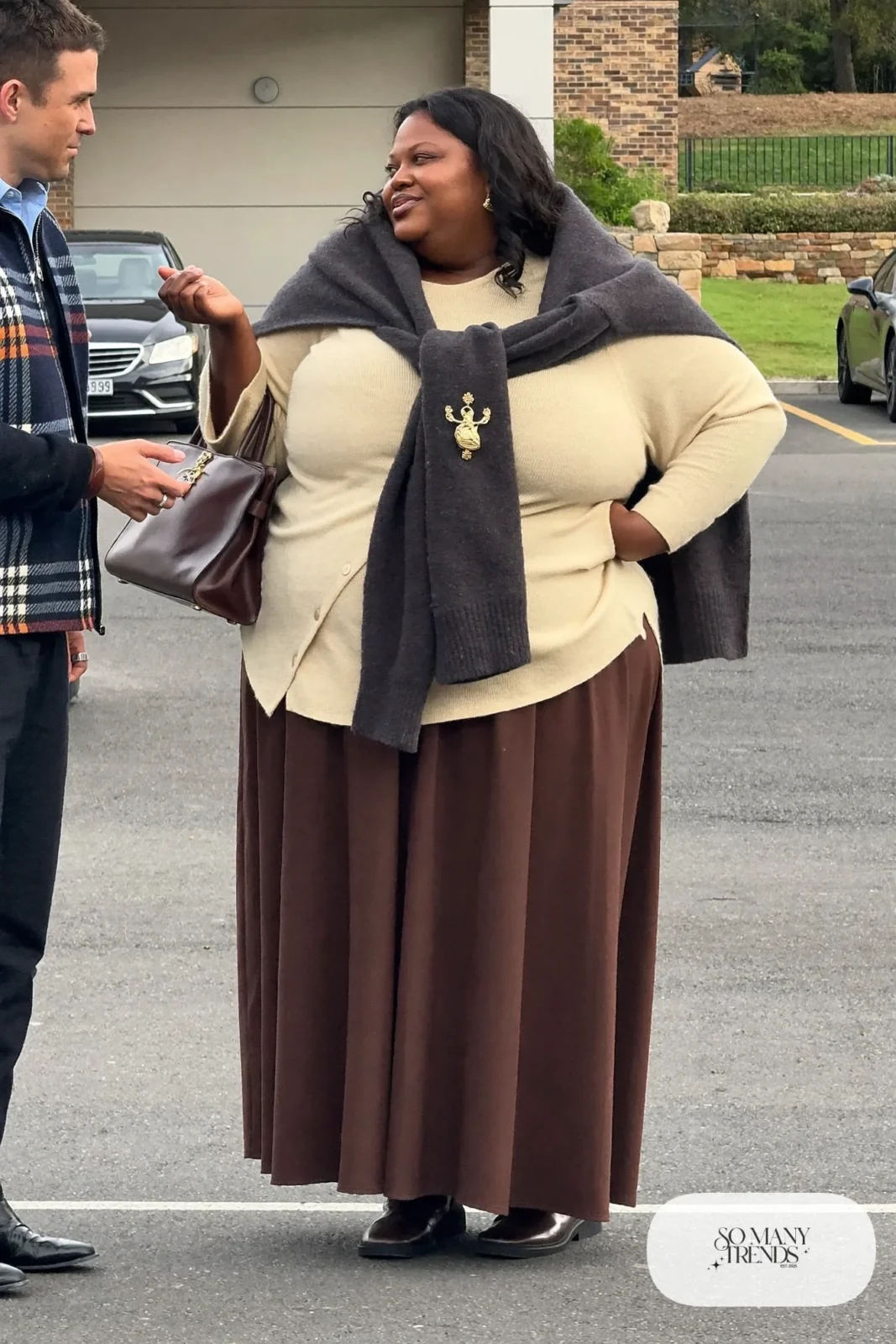 chocolate brown long skirt cream knit top oversized gray wool wrap brown boots outfit 9