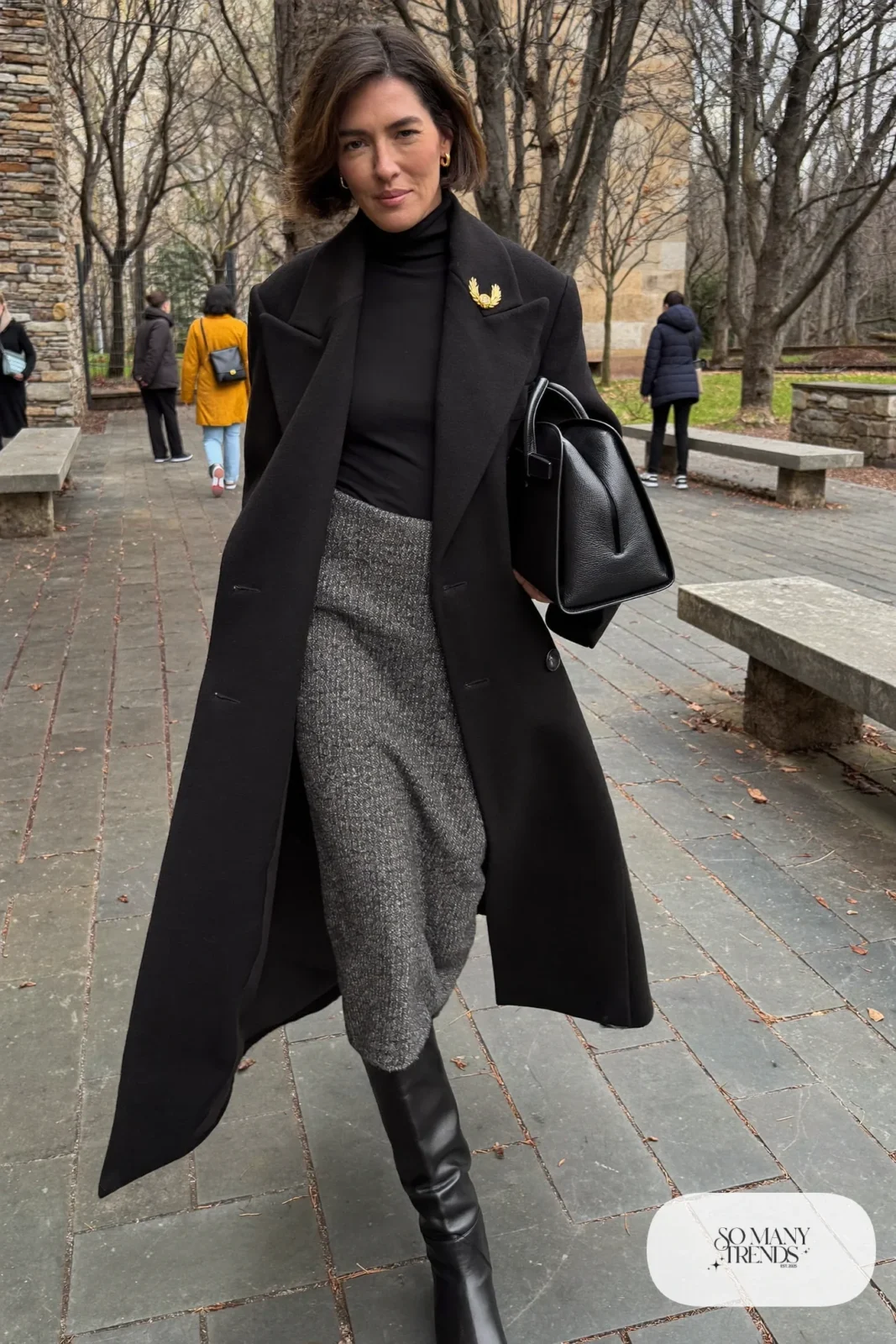 gray tweed long skirt black turtleneck black knee high boots long black coat outfit 10