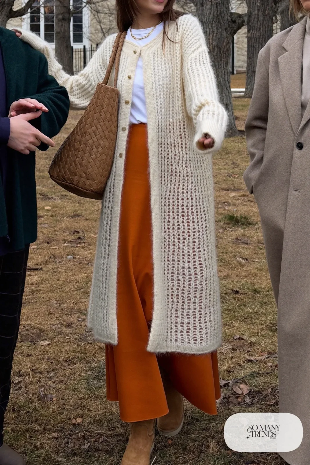 rust orange maxi skirt long cream cardigan white tee tan ankle boots outfit 11