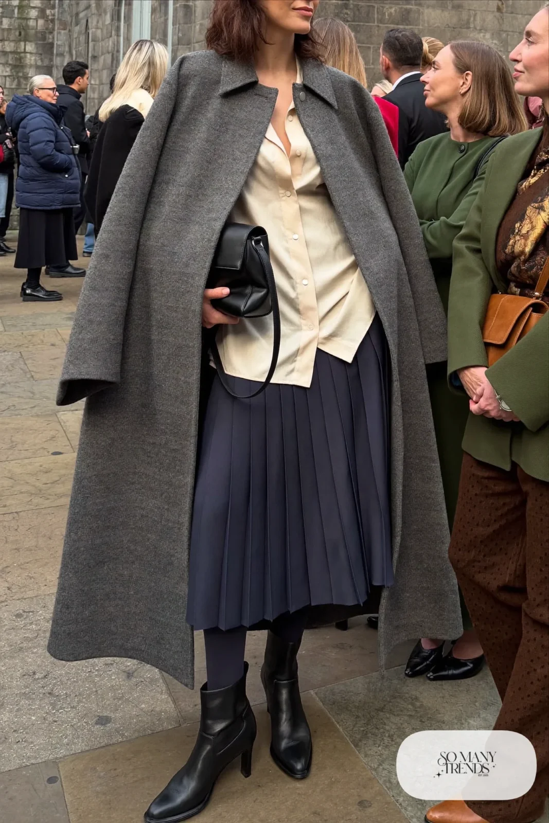 navy pleated long skirt cream silk blouse gray wool cape coat black boots outfit 12
