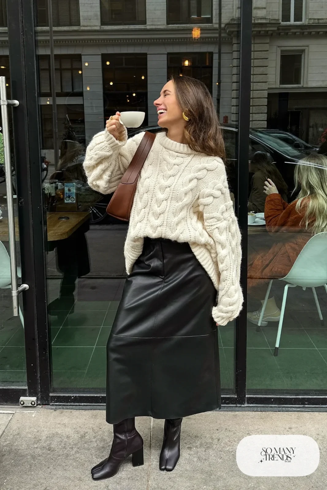 black leather midi skirt chunky cream cable knit sweater block heel boots shoulder bag outfit 13