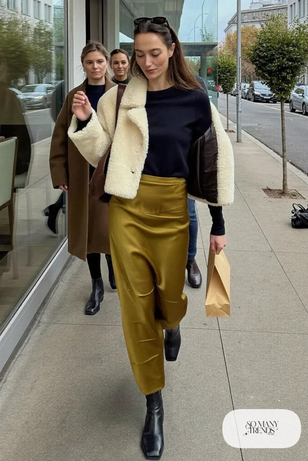 olive satin slip maxi skirt cream shearling jacket black bodysuit black boots outfit 14