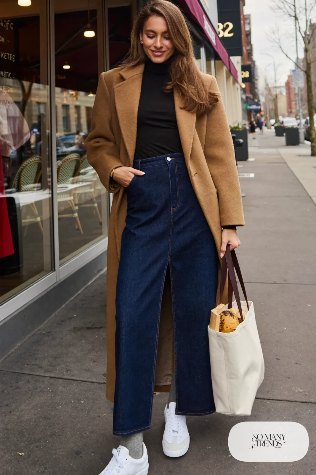dark wash denim maxi skirt black turtleneck long camel coat white sneakers outfit 15