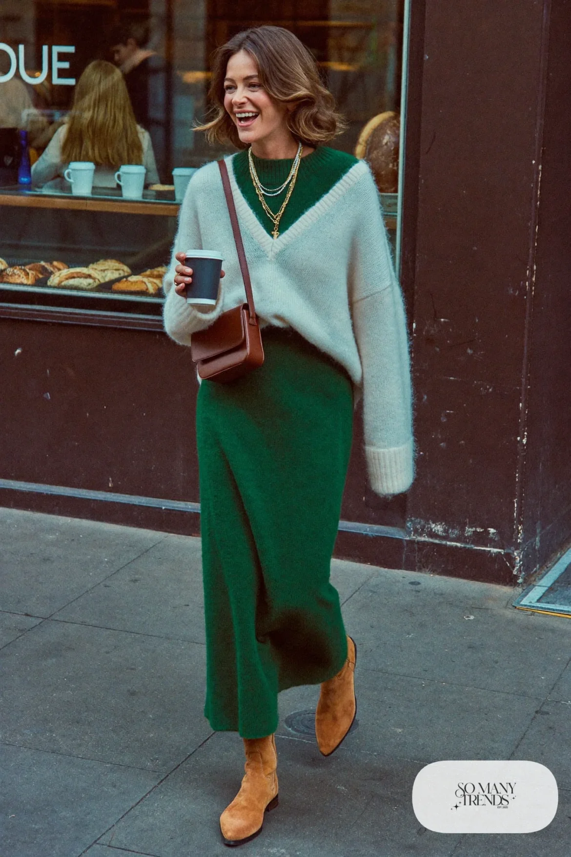 forest green wool blend knit long skirt cream mohair sweater gold necklaces tan boots outfit 16