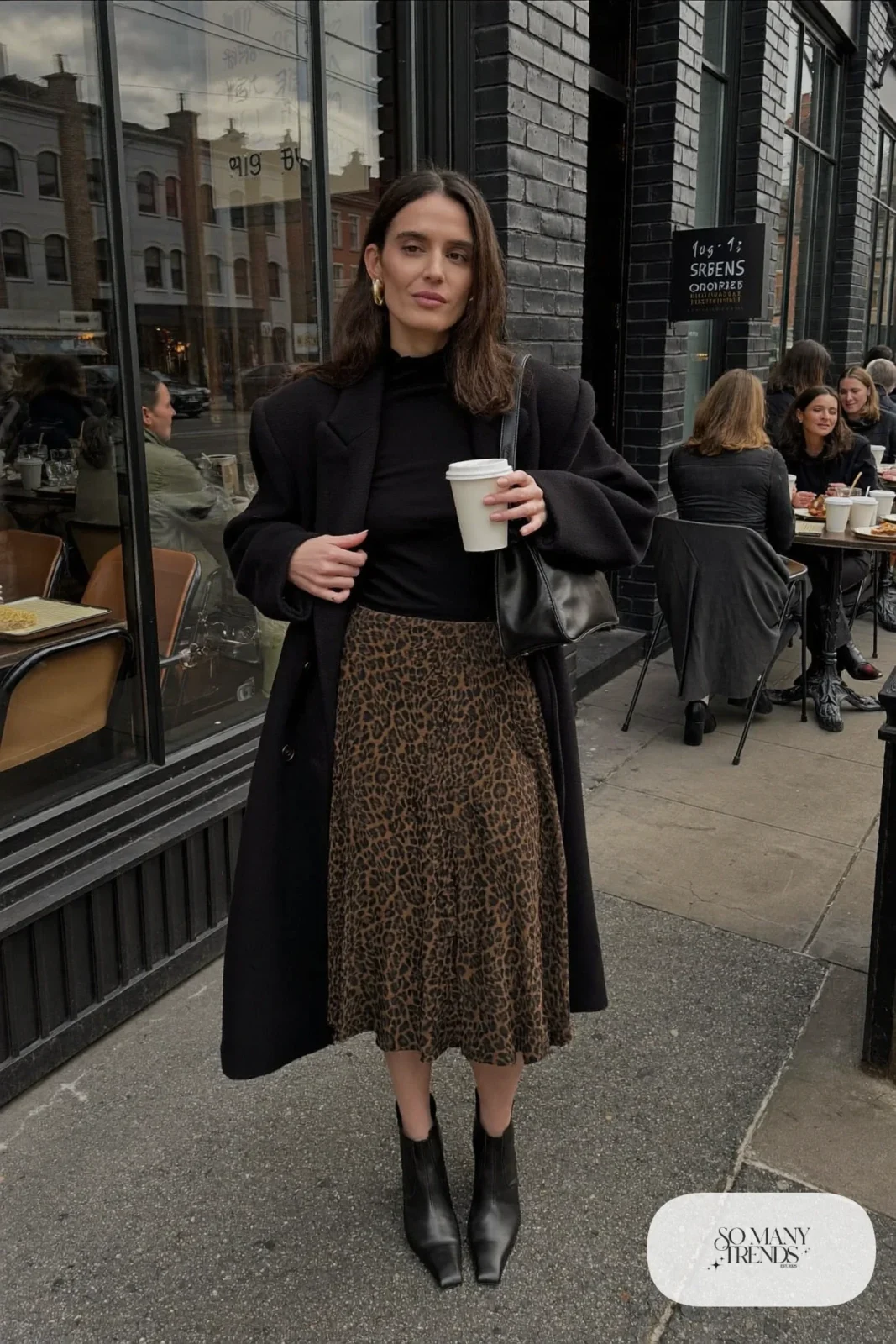 leopard print pleated midi skirt black turtleneck black wool coat black boots outfit 17