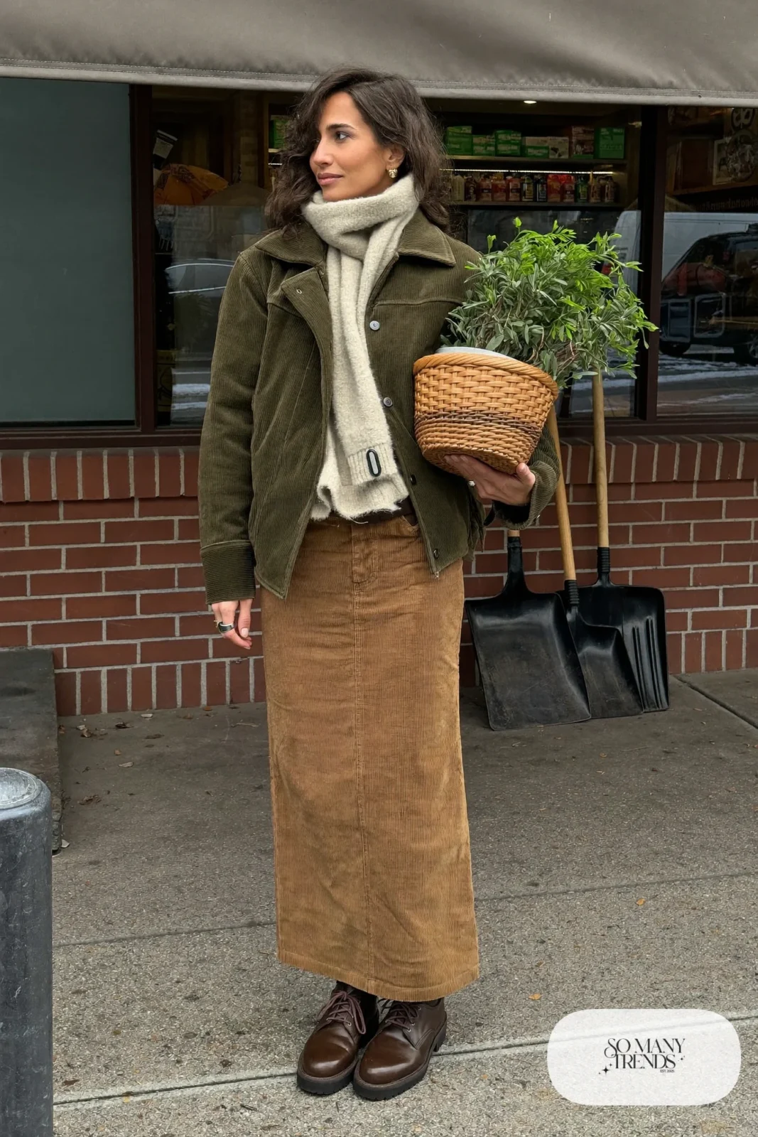 olive barn jacket tan corduroy maxi skirt cream sweater brown lace up boots outfit 20