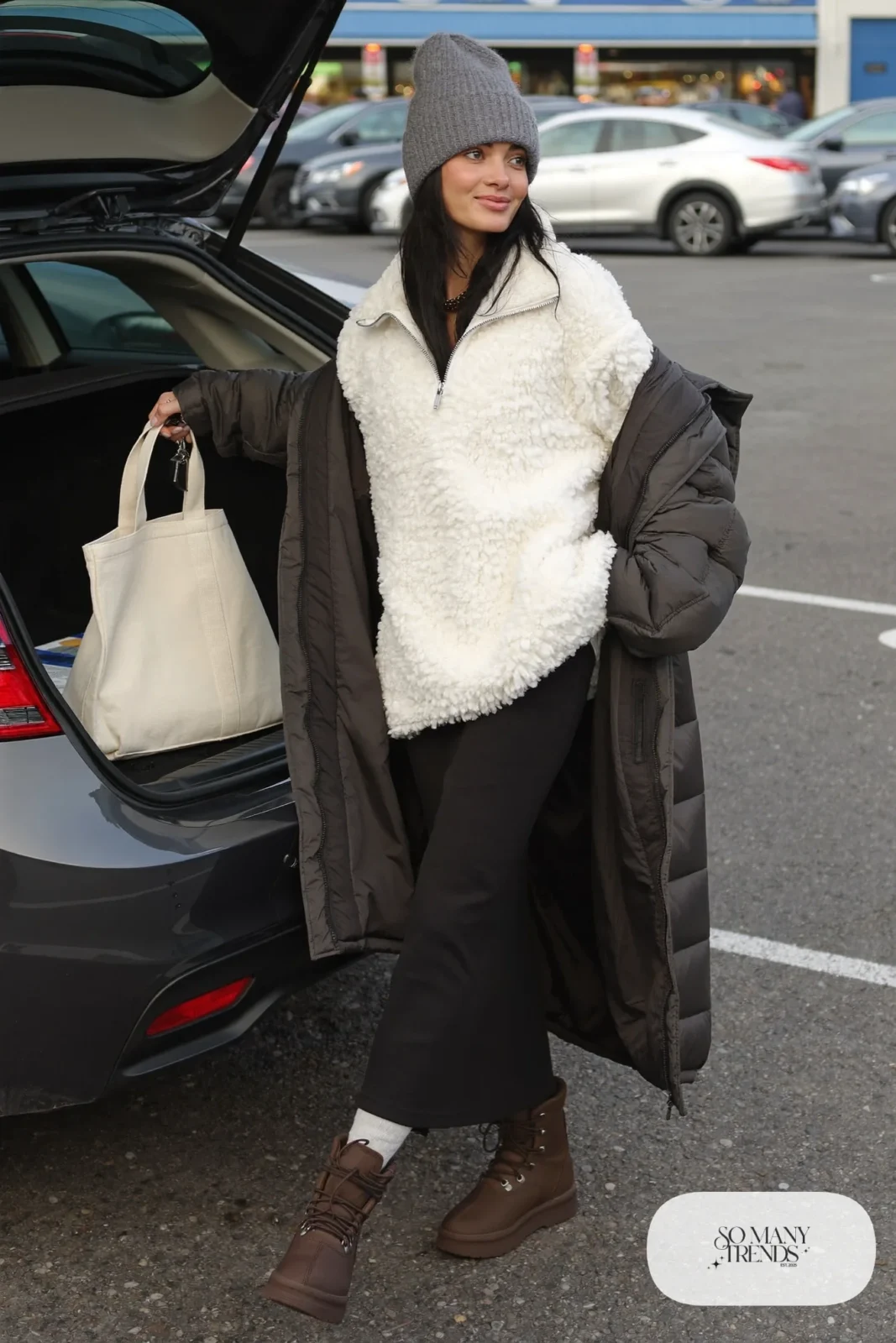 cream fleece quarter zip black jersey maxi skirt waterproof boots beanie outfit 22