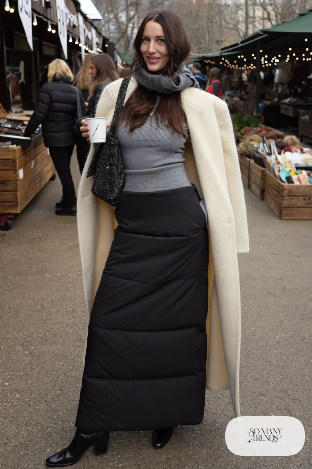 black quilted maxi skirt cream wool cardigan gray ribbed knit top black boots outfit 23