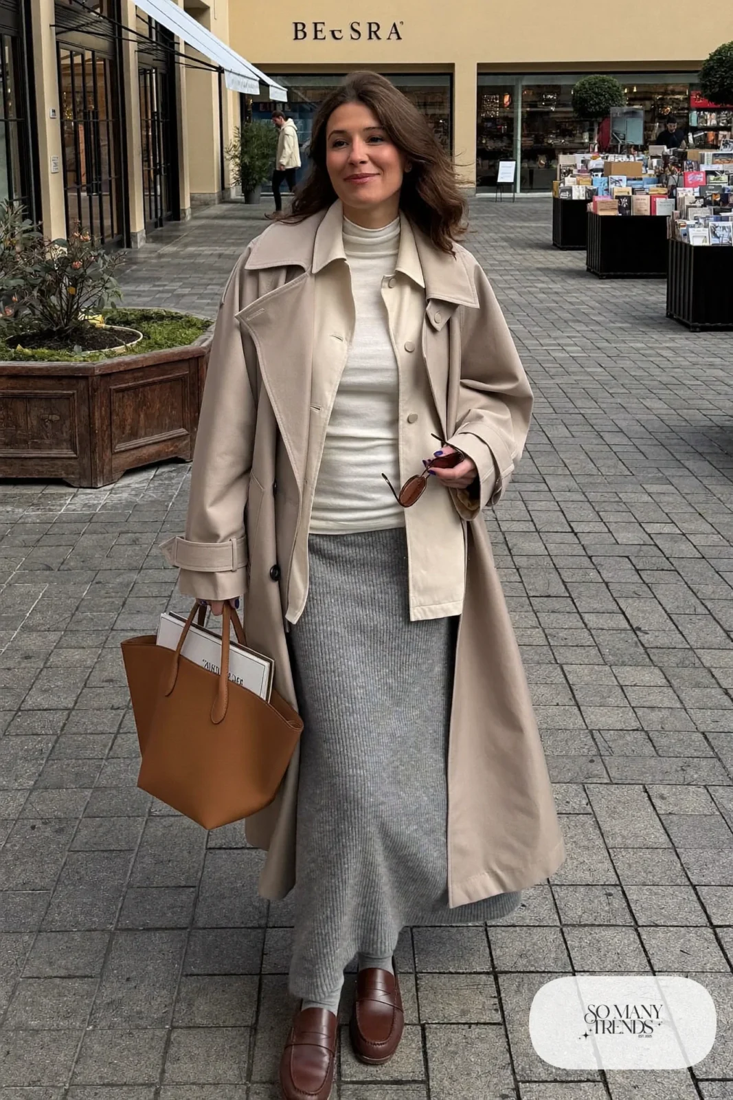 gray knit long skirt beige lined trench coat white turtleneck brown loafers outfit 24