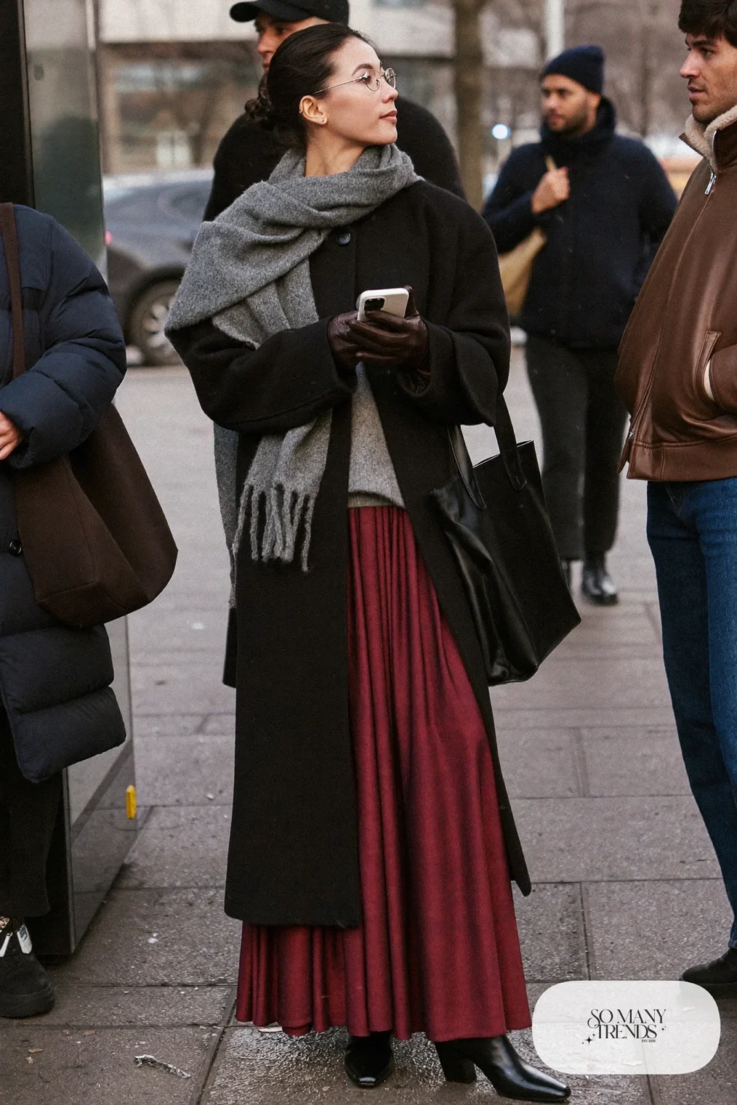 burgundy maxi skirt black wool coat gray turtleneck merino layers black boots outfit 25