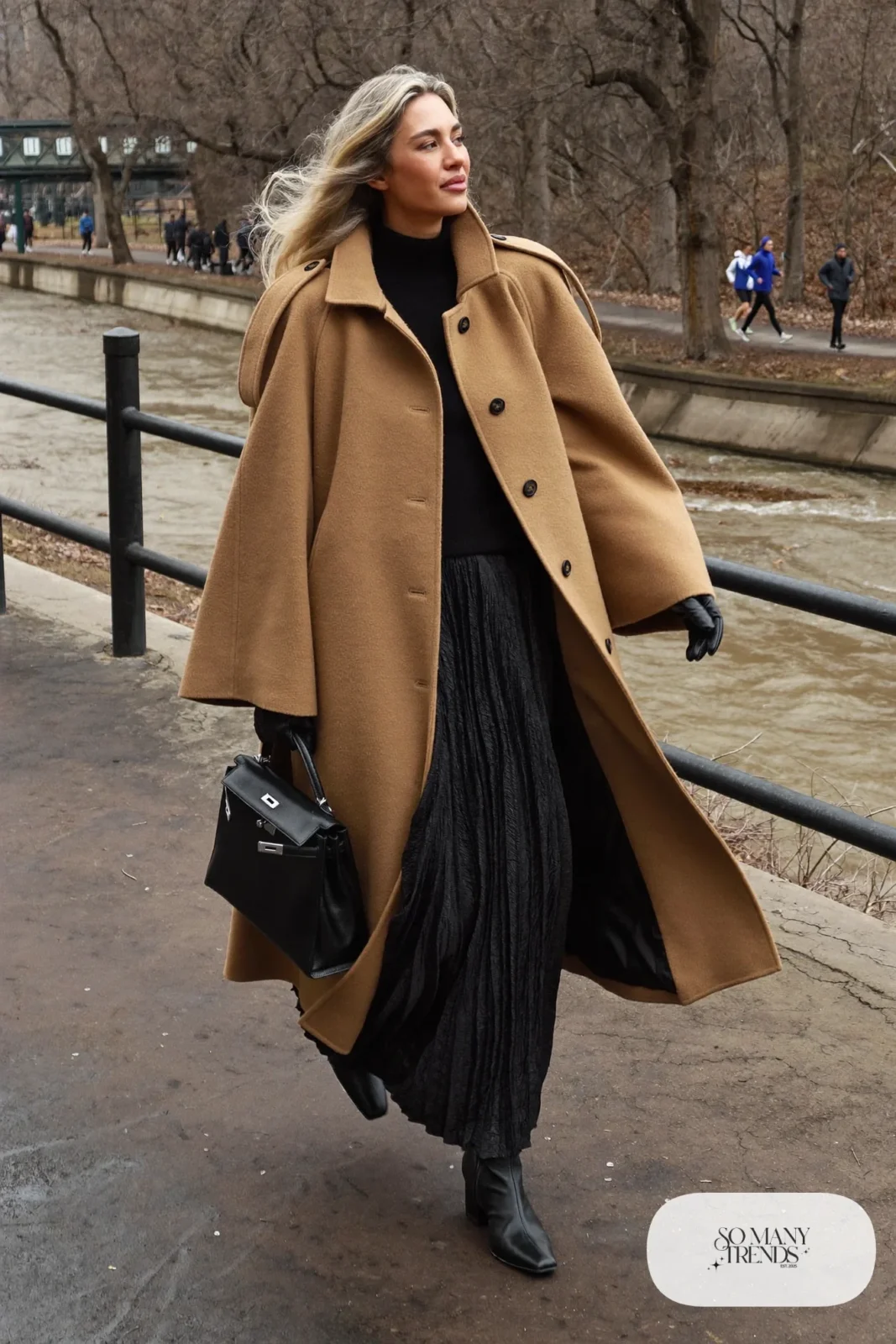 camel wool cape black pleated maxi skirt black turtleneck black boots leather gloves outfit 28