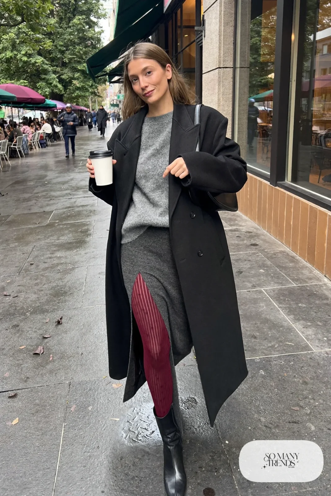 charcoal long skirt with side slit ribbed burgundy tights oversized gray sweater black ankle boots outfit 29