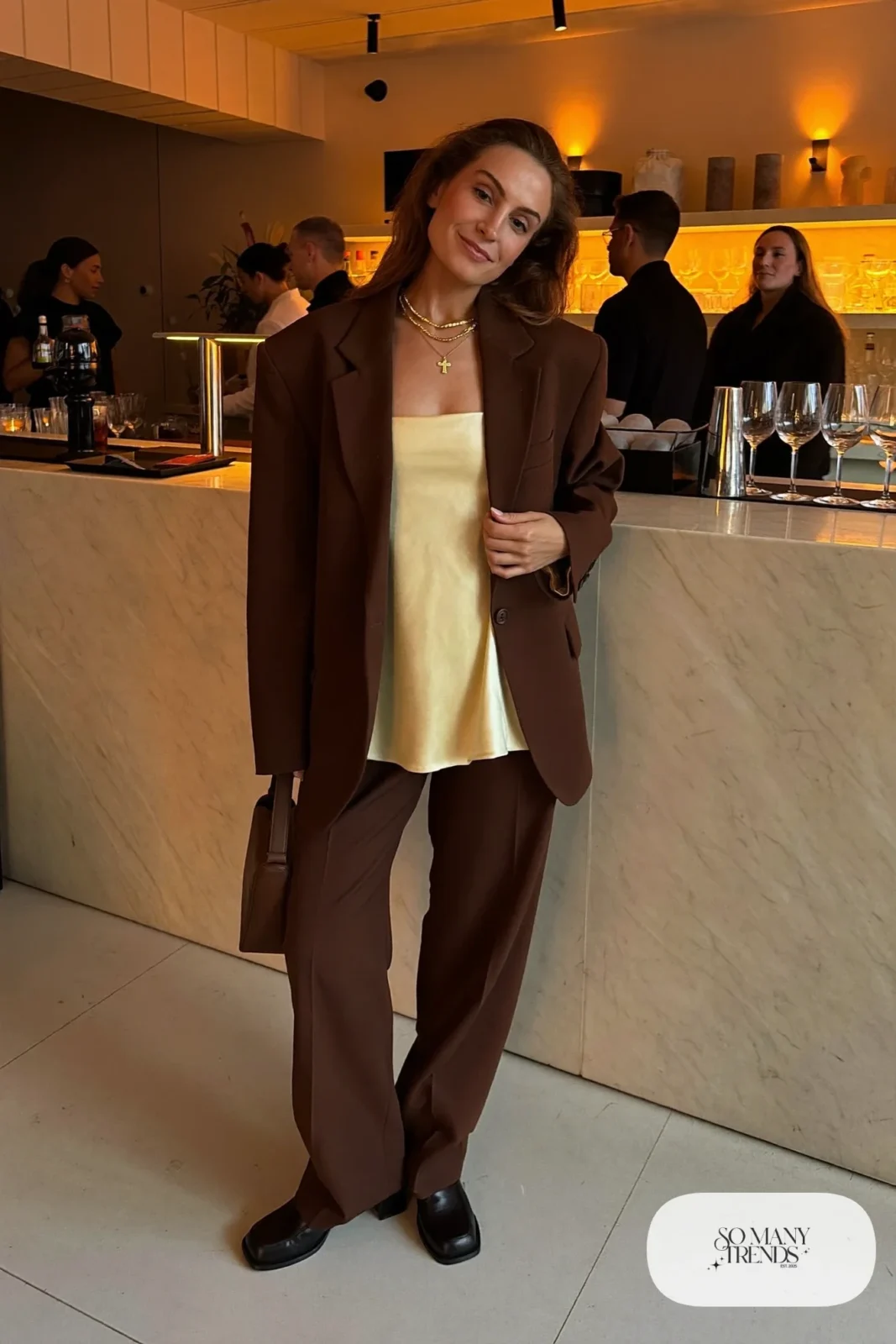 chocolate brown oversized blazer wide-leg pants set silk camisole block heel loafers outfit 15