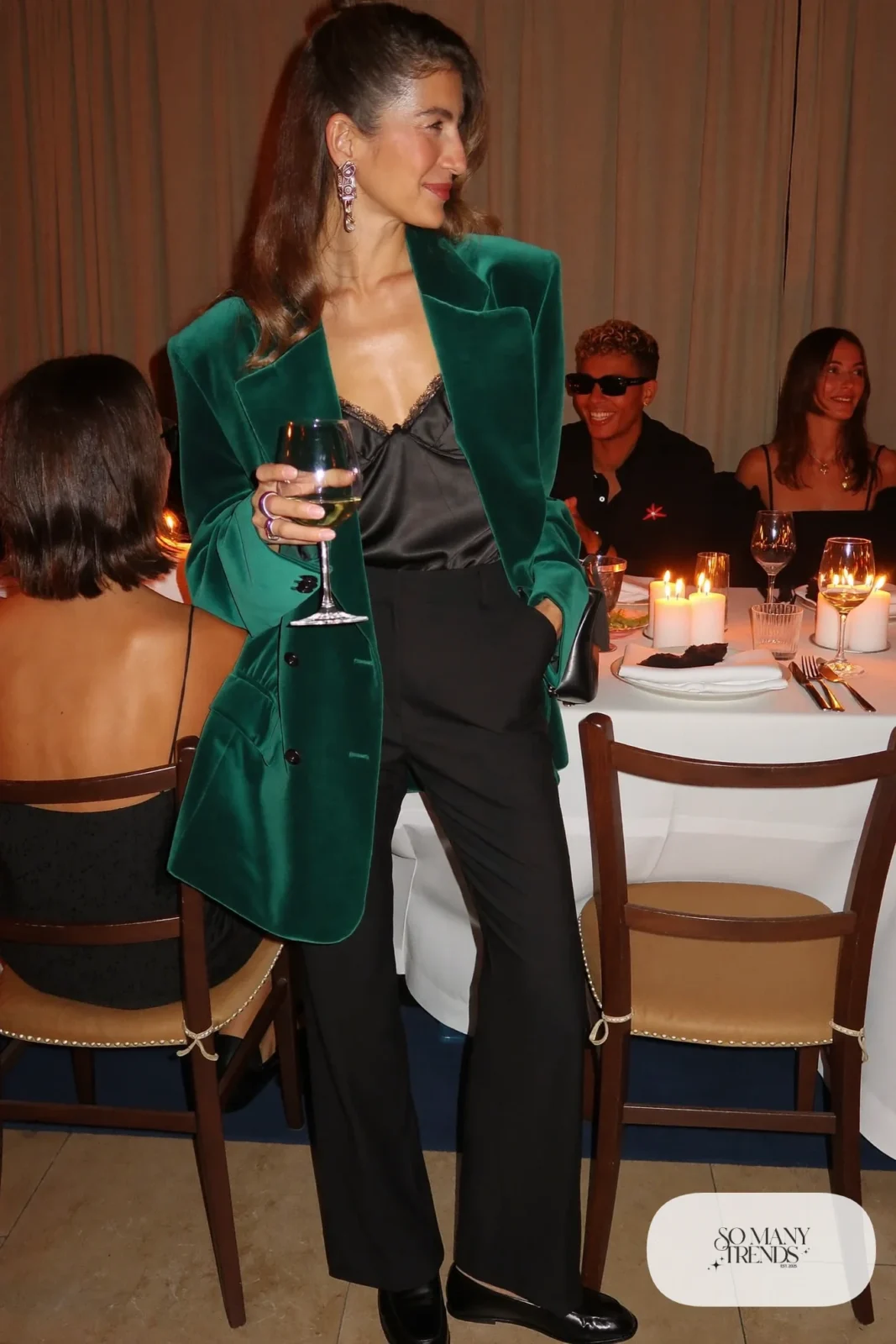 emerald velvet oversized blazer black straight pants silk camisole black loafers statement earring outfit 18