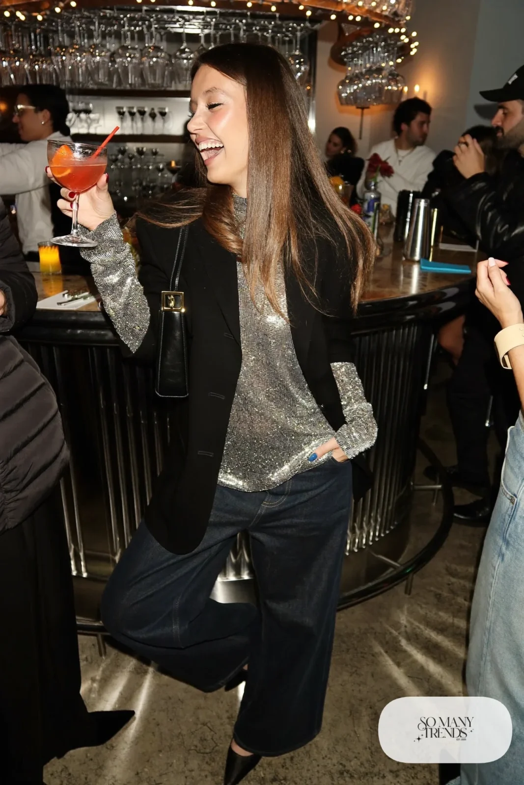 dark wash wide-leg jeans silver sequin top long black blazer pointed pumps outfit 20