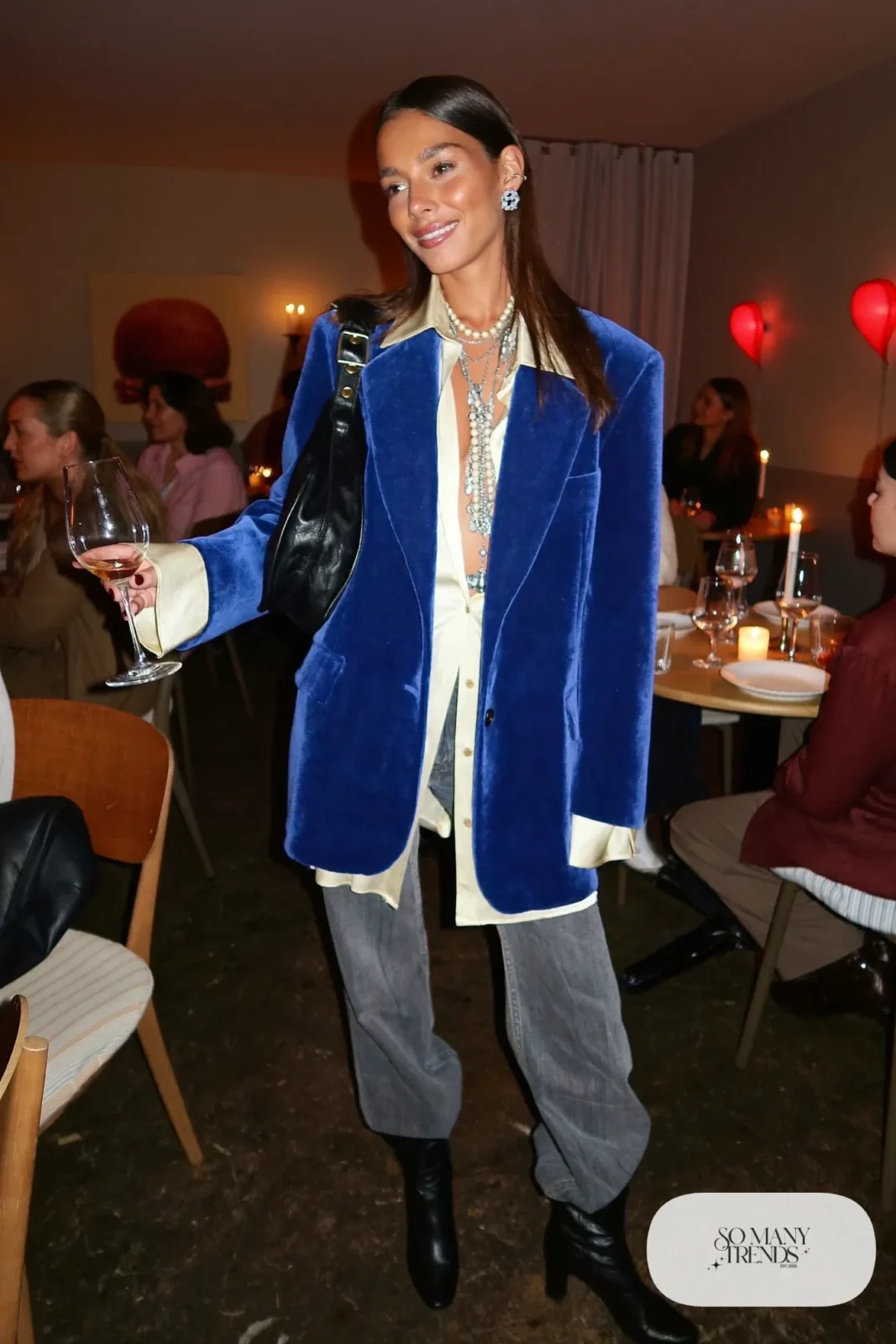 gray straight-leg jeans cobalt velvet blazer cream silk shirt heeled ankle boots silver jewelry outfit 23