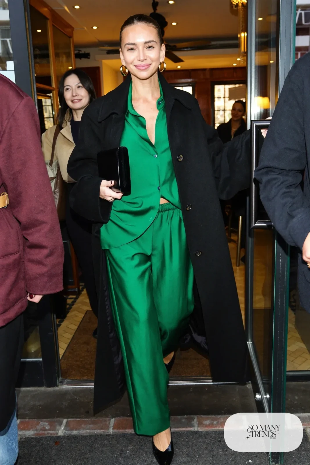 emerald satin two-piece shirt wide-leg pants set black coat pointed pumps gold hoops outfit 27