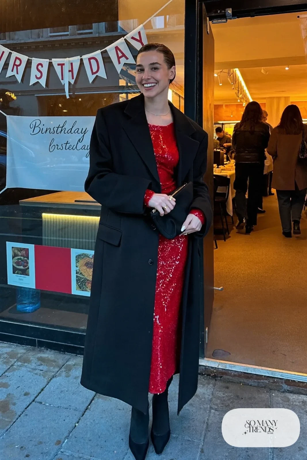 red sequin midi dress long black coat black closed pumps sheer tights outfit 29