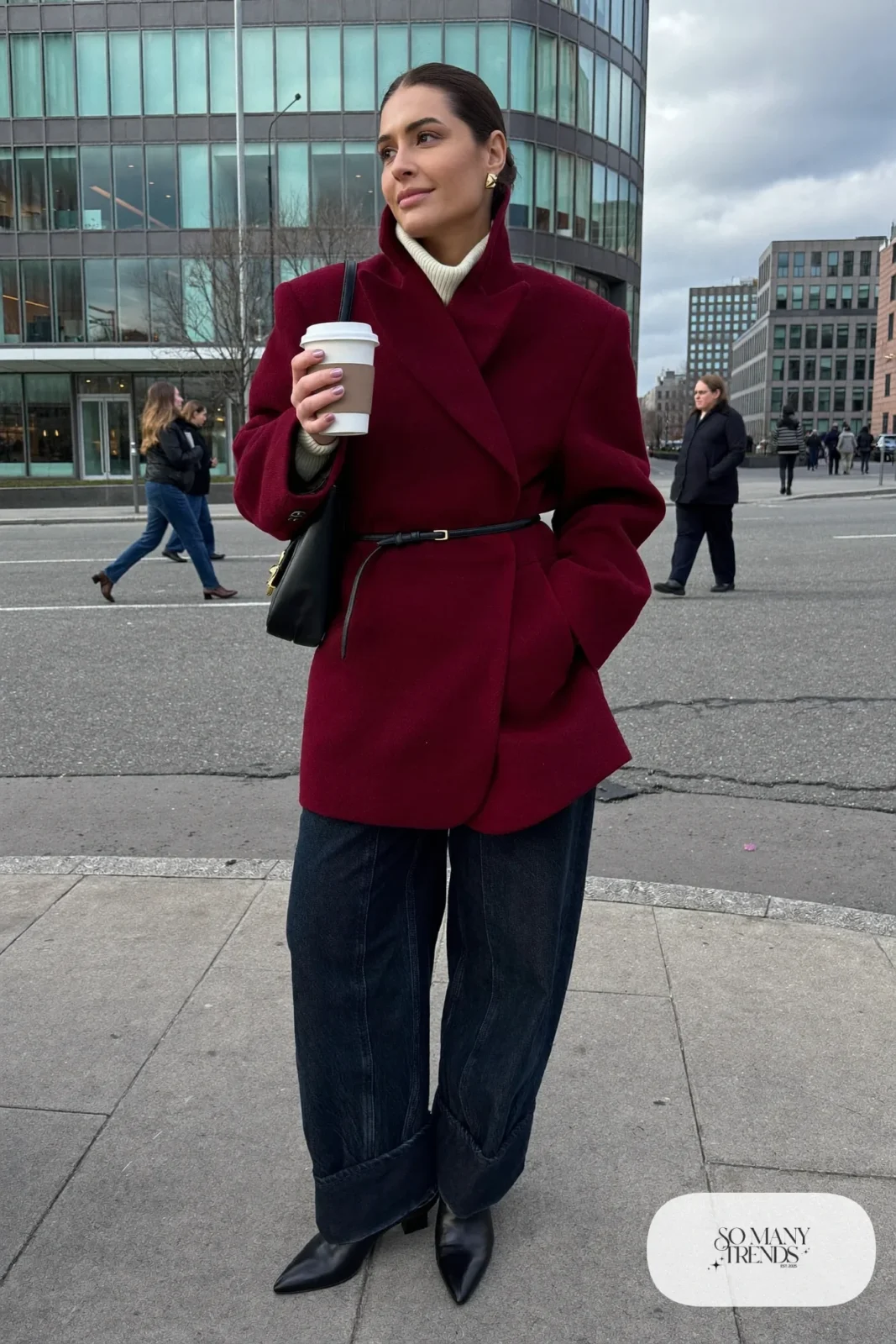 burgundy oversized blazer cream turtleneck dark wide-leg jeans black ankle boots thin belt outfit 2