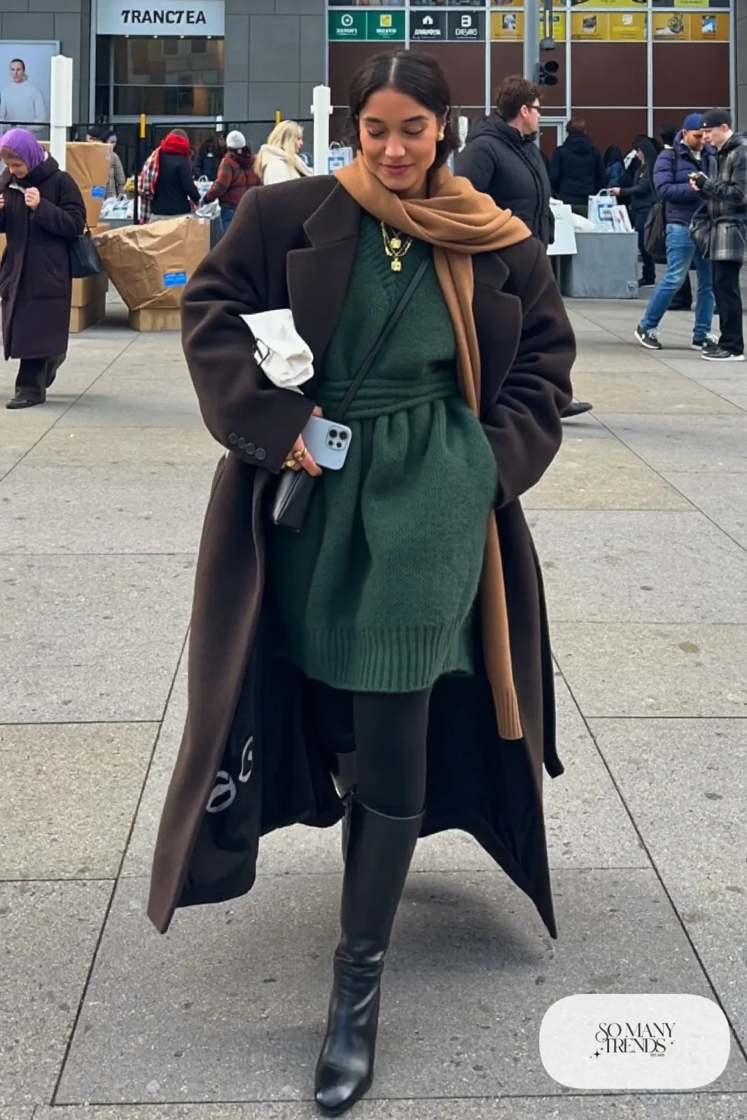 forest green chunky knit midi sweater dress black knee-high boots long black wool coat camel scarf outfit 3