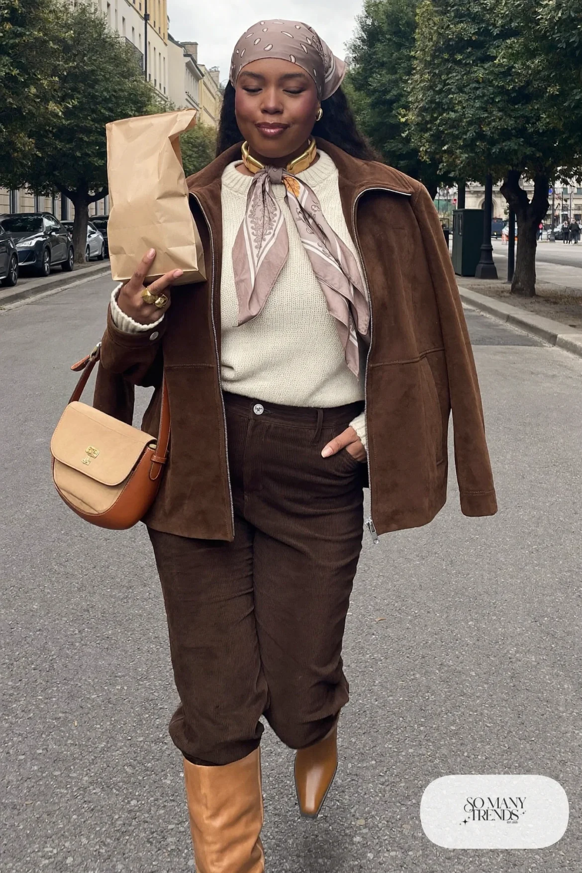 chocolate brown faux suede jacket cream turtleneck brown corduroy pants tan knee-high boots patterned bandana outfit 5