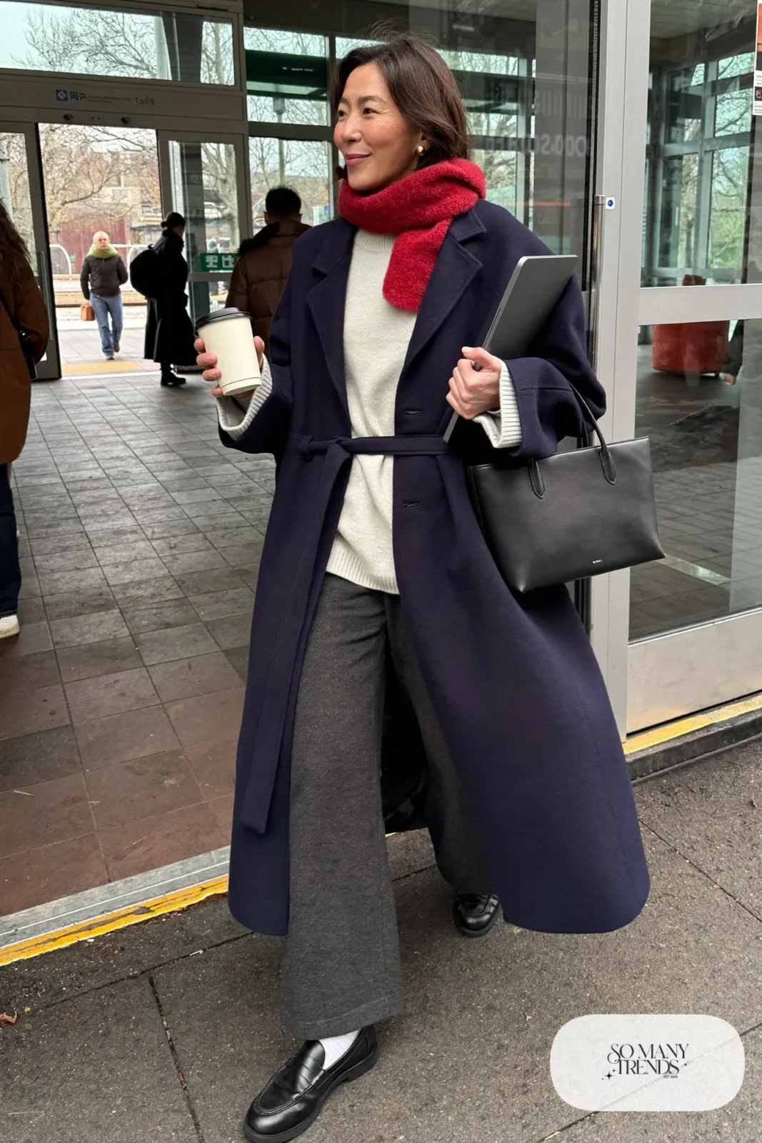 navy oversized wool wrap coat light gray knit sweater charcoal flannel wide-leg pants black lug-sole loafers red scarf outfit 6