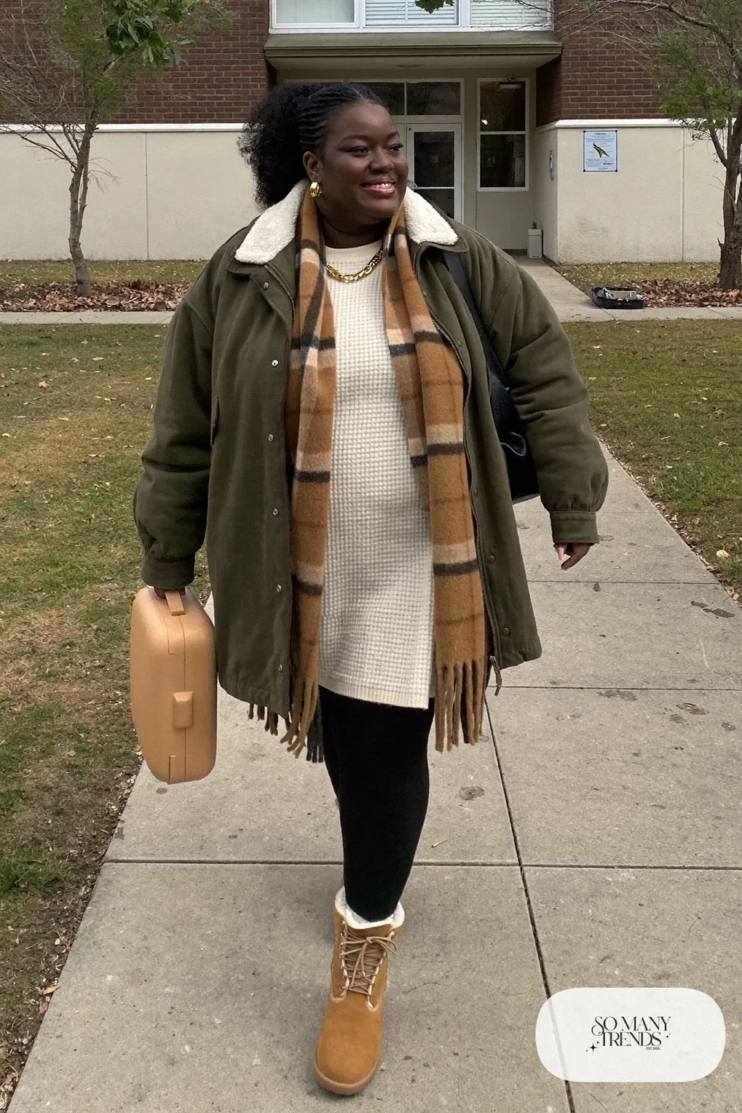 olive utility jacket shearling collar long cream waffle knit sweater black fleece leggings tan suede ankle boots plaid scarf outfit 8