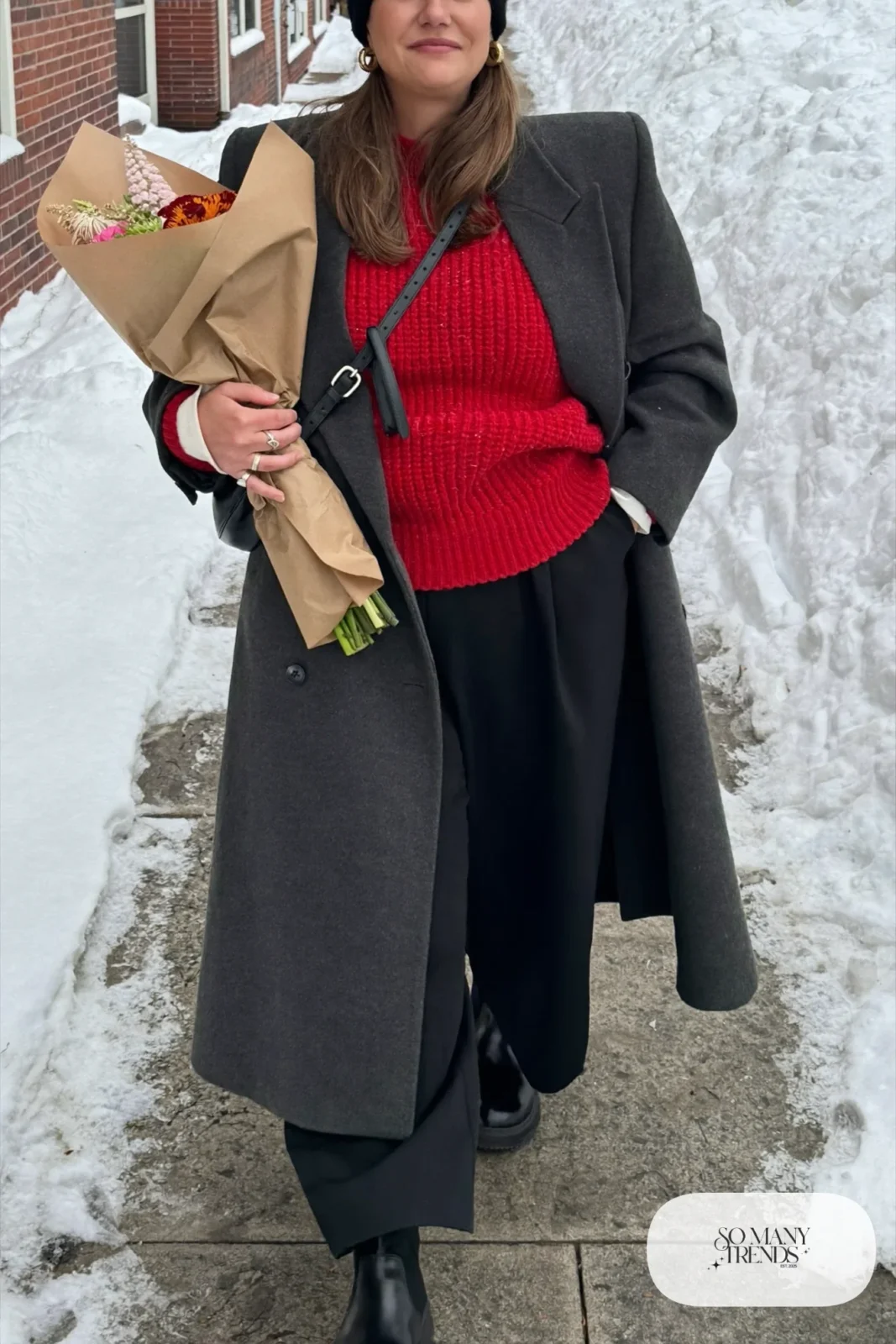 oversized charcoal wool peacoat cherry red chunky sweater white shirt cuffs black wide-leg ponte pants chelsea boots outfit 9