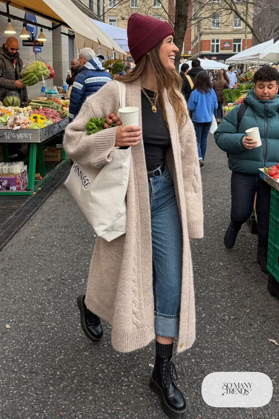 oversized oatmeal knit cardigan coat black tee mid-blue barrel jeans black combat boots burgundy beanie outfit 10