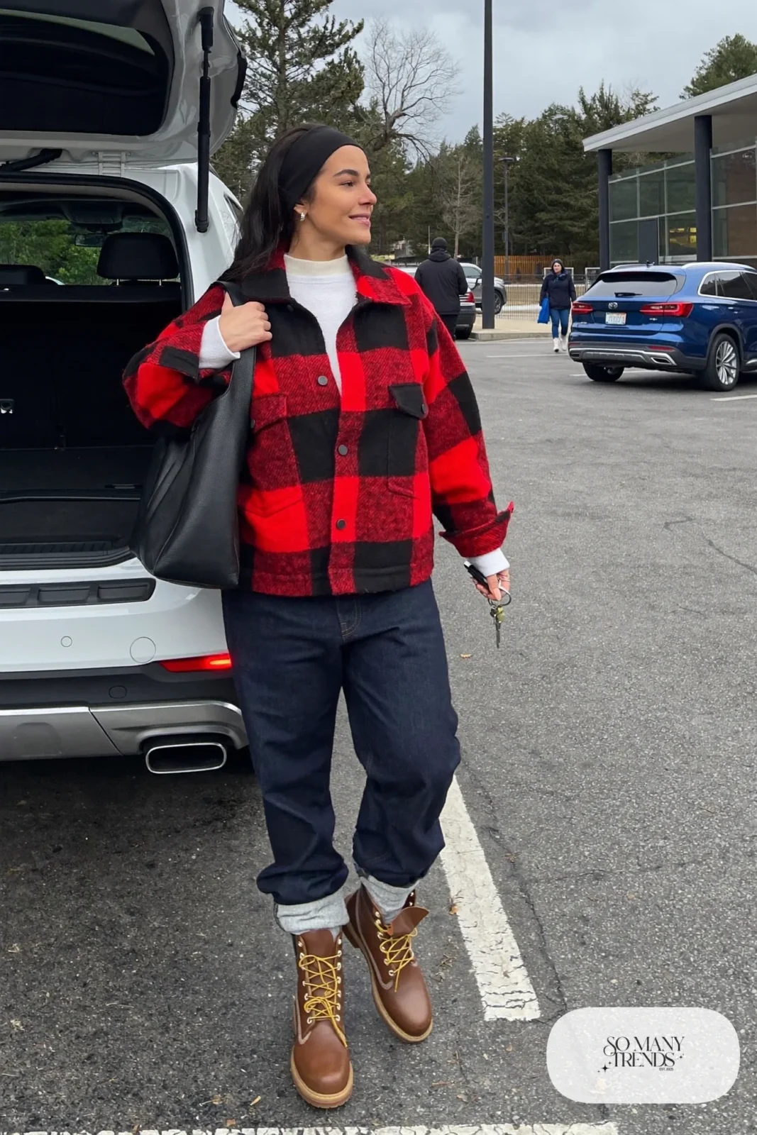 oversized red black buffalo plaid wool shirt jacket white thermal henley dark straight jeans brown duck boots gray socks outfit 12