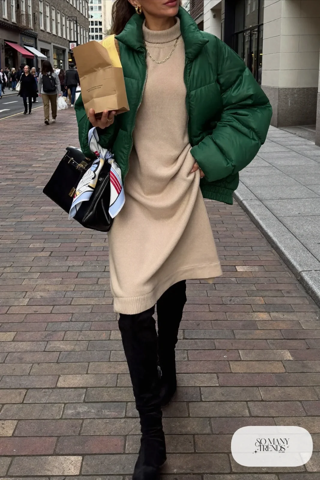 camel ribbed knit midi turtleneck dress forest green quilted barn jacket black suede over-the-knee boots silk scarf outfit 14