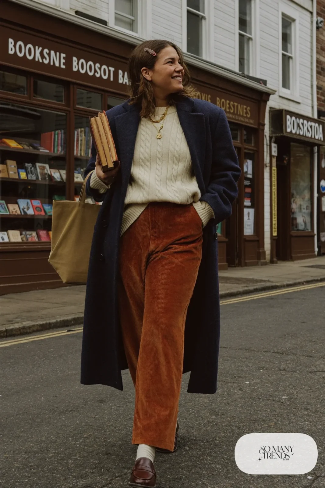 cream fisherman cable knit sweater rust wide-leg corduroy pants long navy wool coat brown loafers cream socks outfit 17