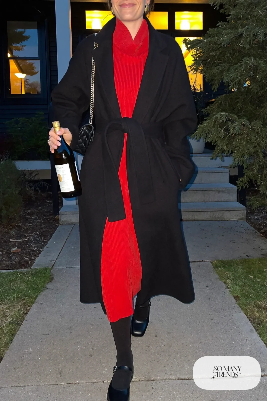 cherry red knit midi sweater dress cowl neck long black wool coat belted black opaque tights mary jane block heels outfit 23