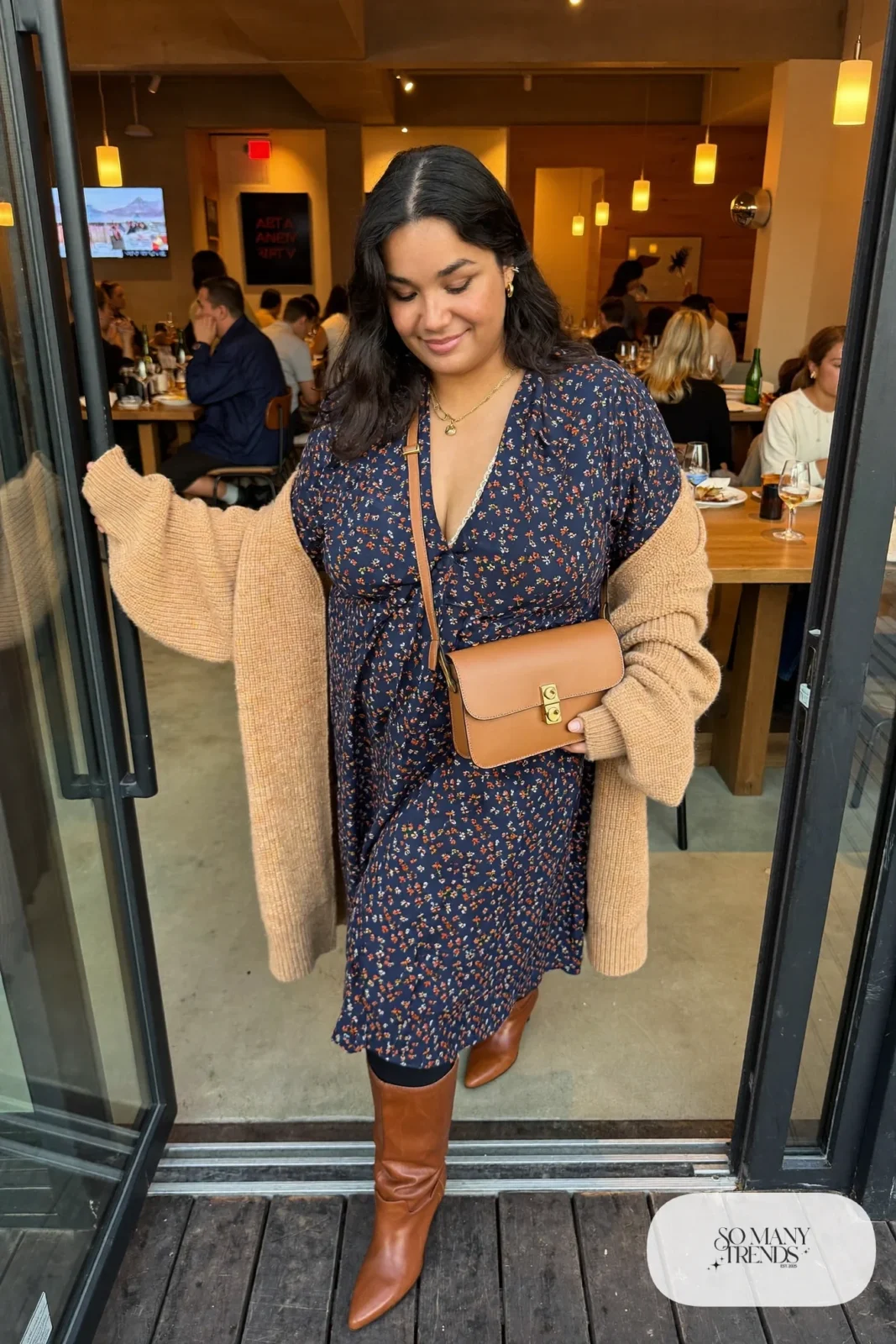 navy floral wrap midi dress long camel knit cardigan cognac knee-high leather boots black opaque tights outfit 25