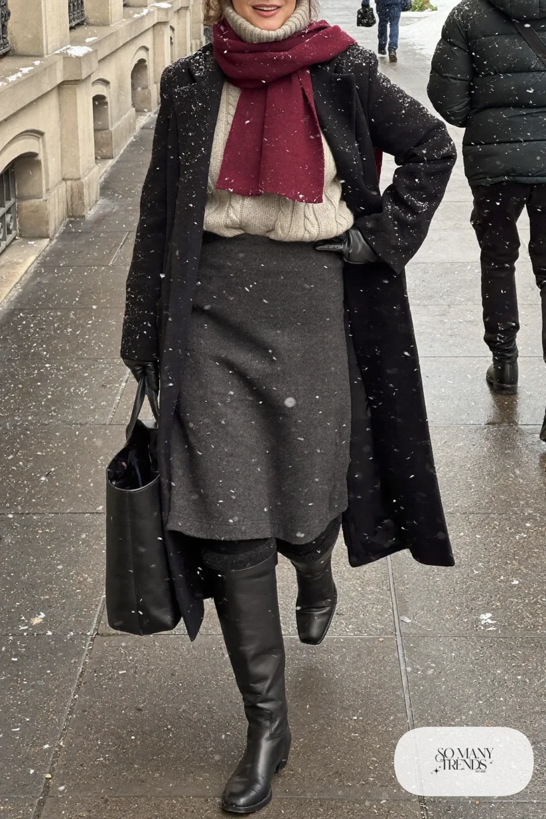 charcoal wool A-line midi skirt oatmeal cable knit turtleneck long black wool coat black fleece-lined tights knee-high boots outfit 29