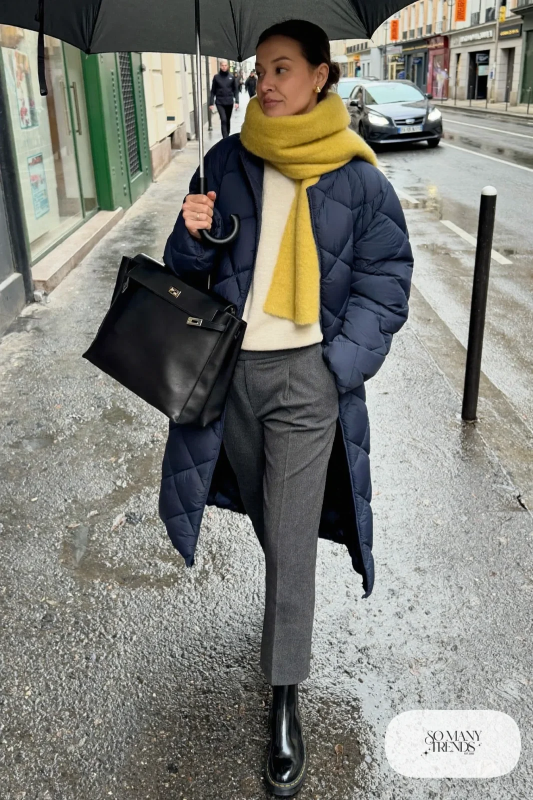 oversized navy long quilted coat cream merino sweater charcoal wool straight pants black waterproof chelsea lug-sole boots mustard scarf outfit 30