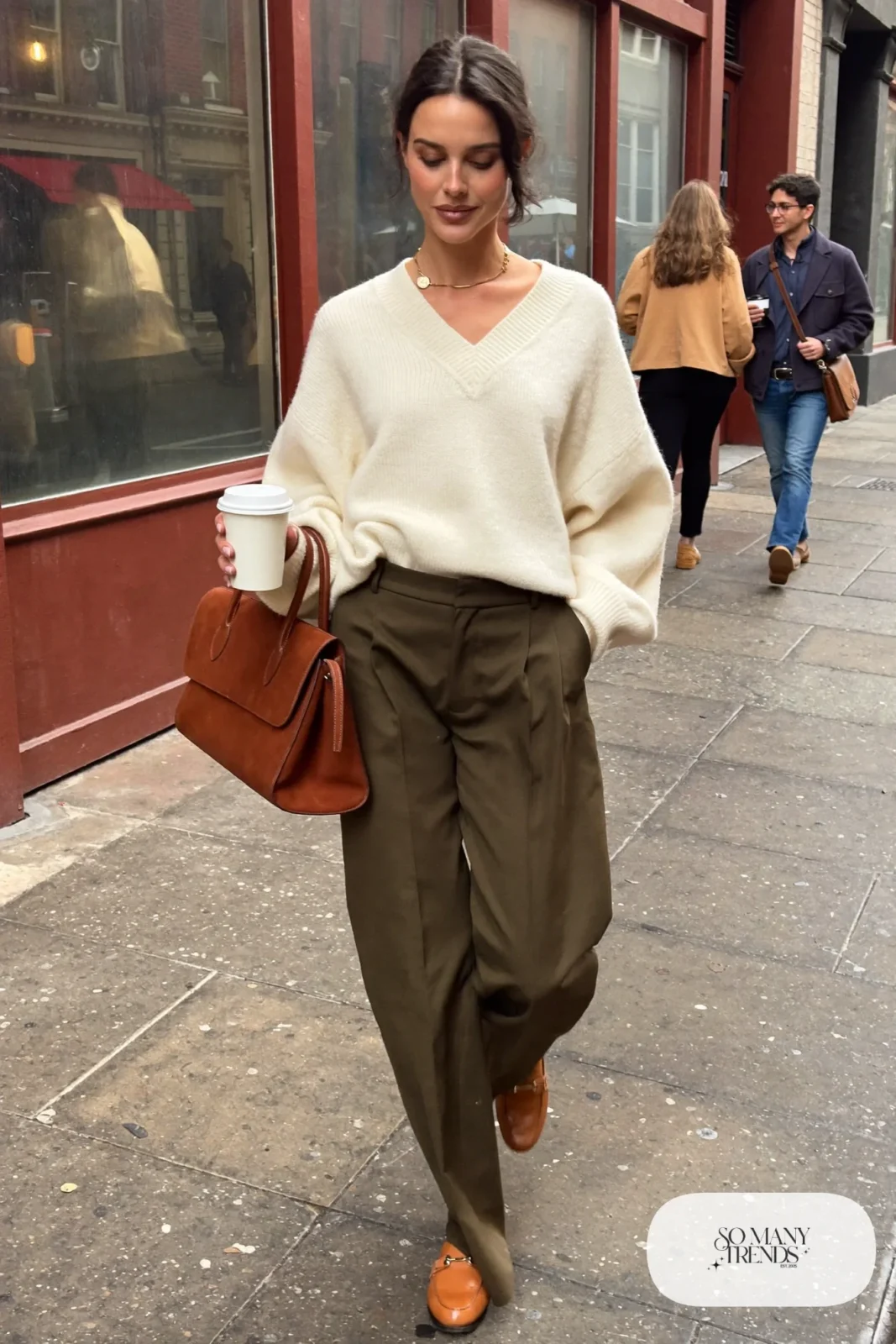 olive wide-leg pleated pants cream V-neck knit sweater tan loafers leather tote inverted triangle outfit 1