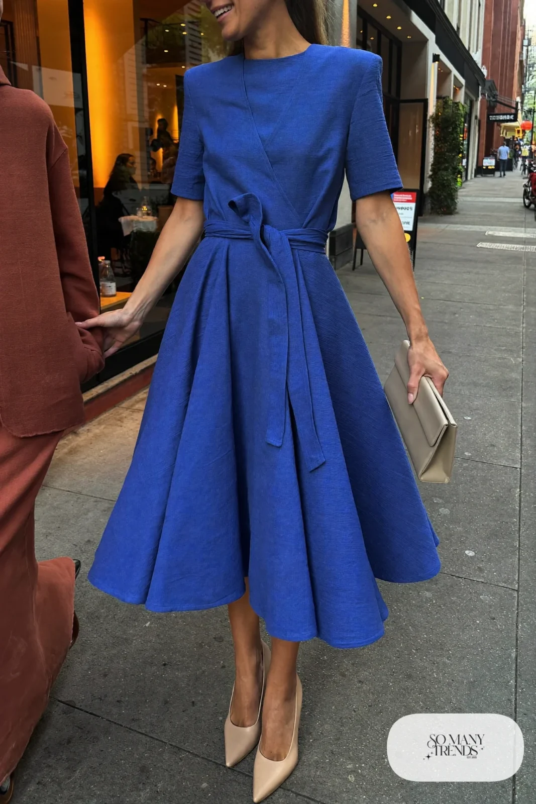 cobalt blue wrap midi dress flared skirt nude block heel sandals small clutch outfit 3