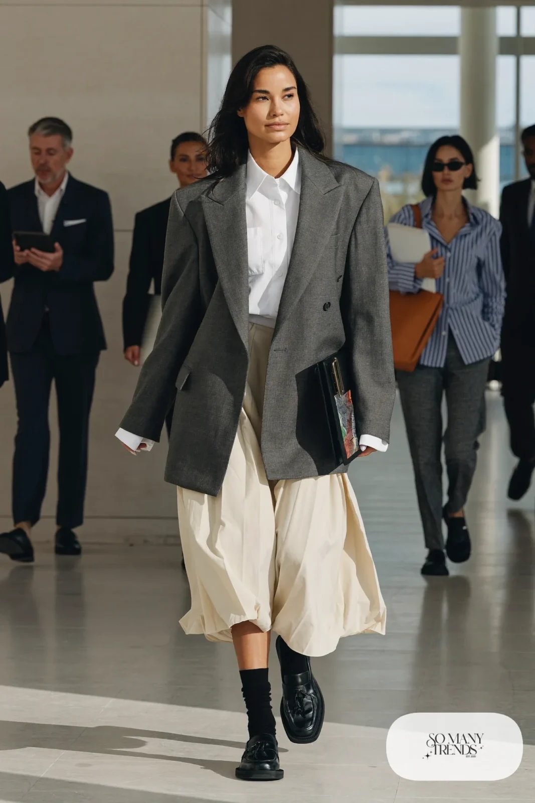 charcoal gray relaxed blazer cream pleated midi skirt white shirt black loafers outfit 4