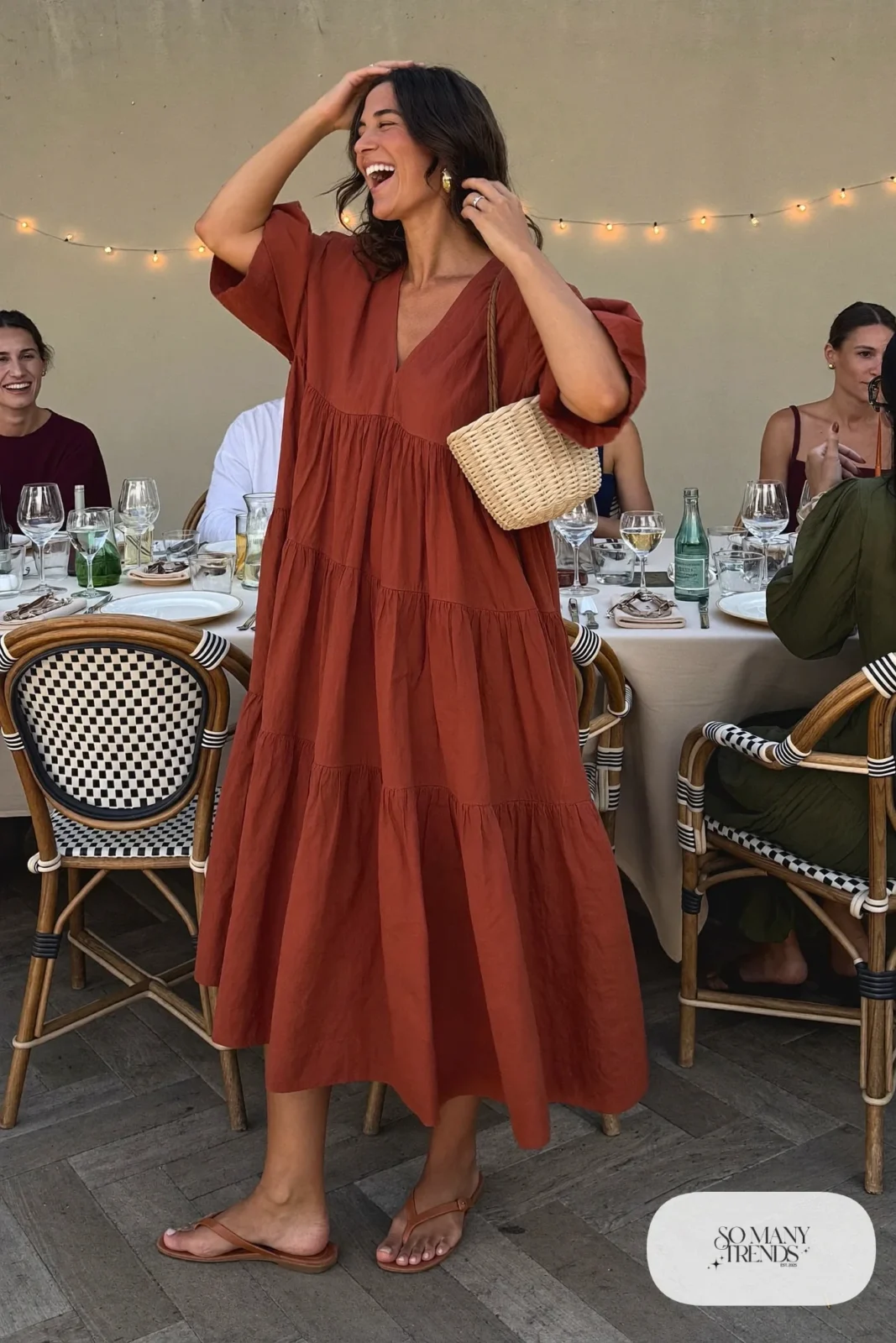 rust tiered midi dress V-neck short sleeves tan leather sandals woven bag outfit 6