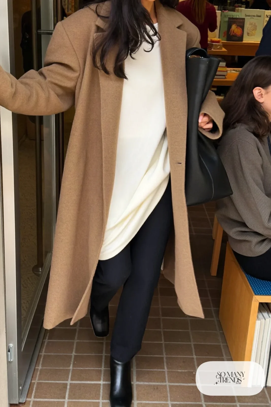 camel long open cardigan black straight pants white tee black ankle boots outfit 7
