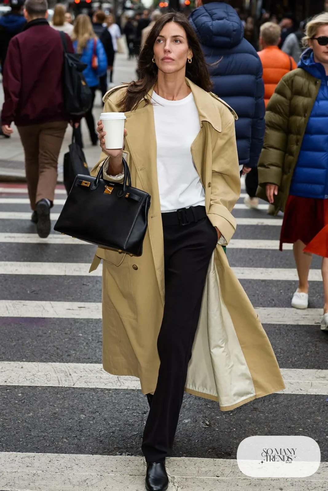 beige long trench coat open white tee black straight pants black loafers leather bag outfit 13