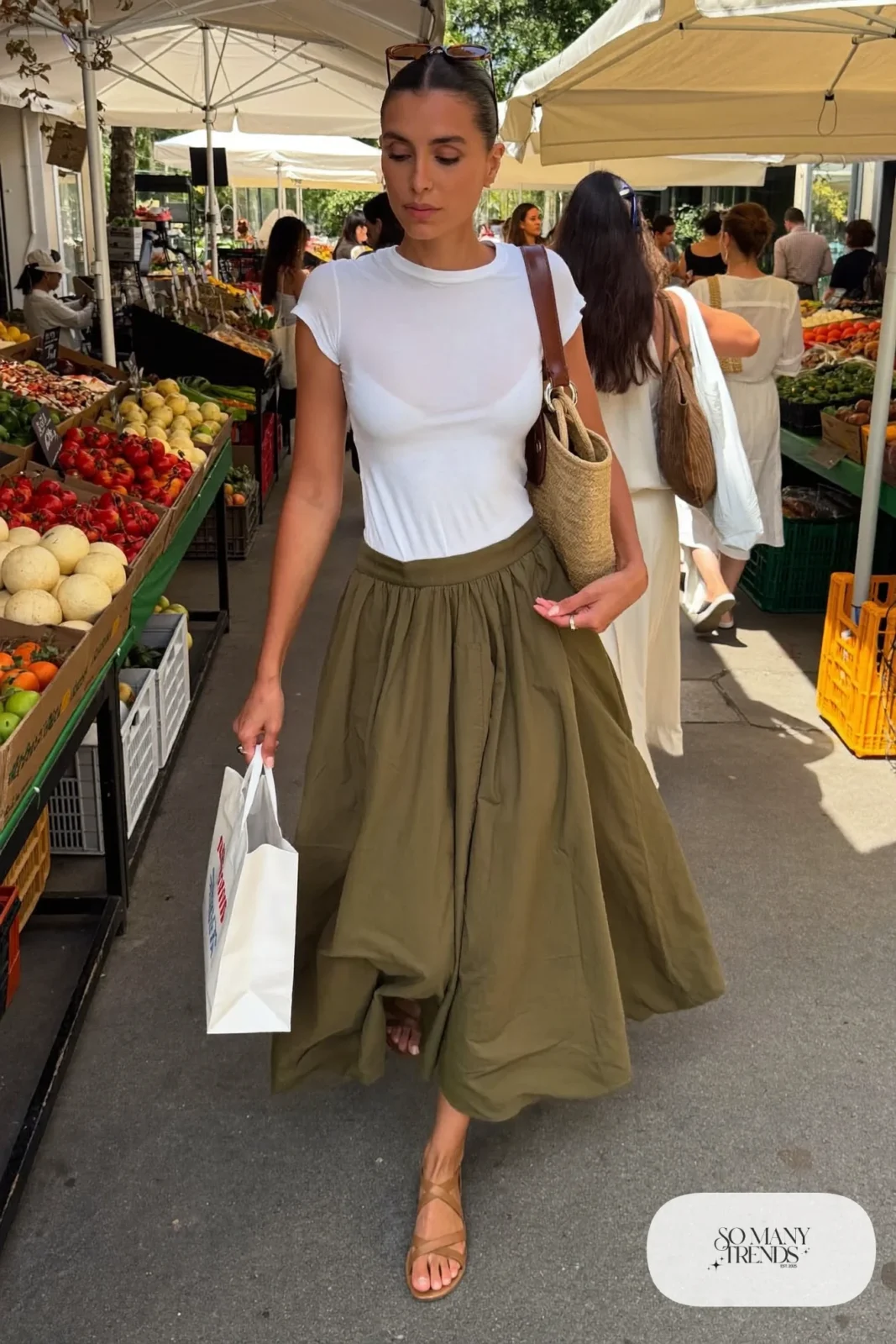 olive flowy maxi skirt white fitted tee tucked tan sandals straw bag outfit 14