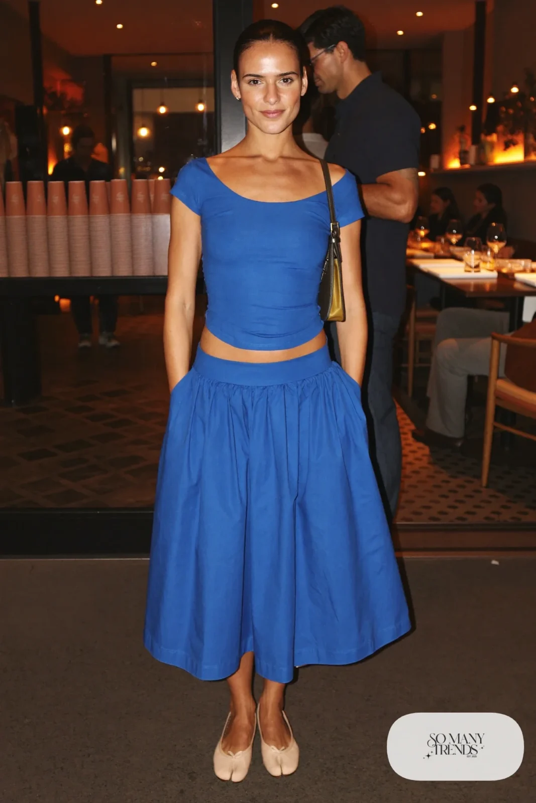 cobalt matching scoop-neck top gathered midi skirt set nude flats small bag outfit 16